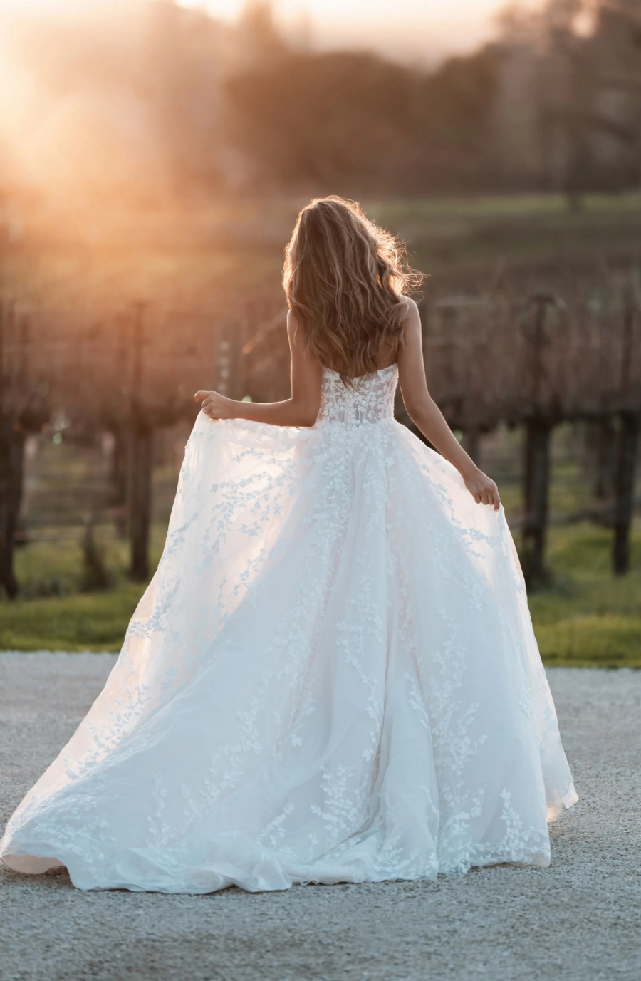 A woman in a flowing white wedding dress stands on a path, looking towards a vineyard at sunset. The scene conveys peaceful elegance and serenity.