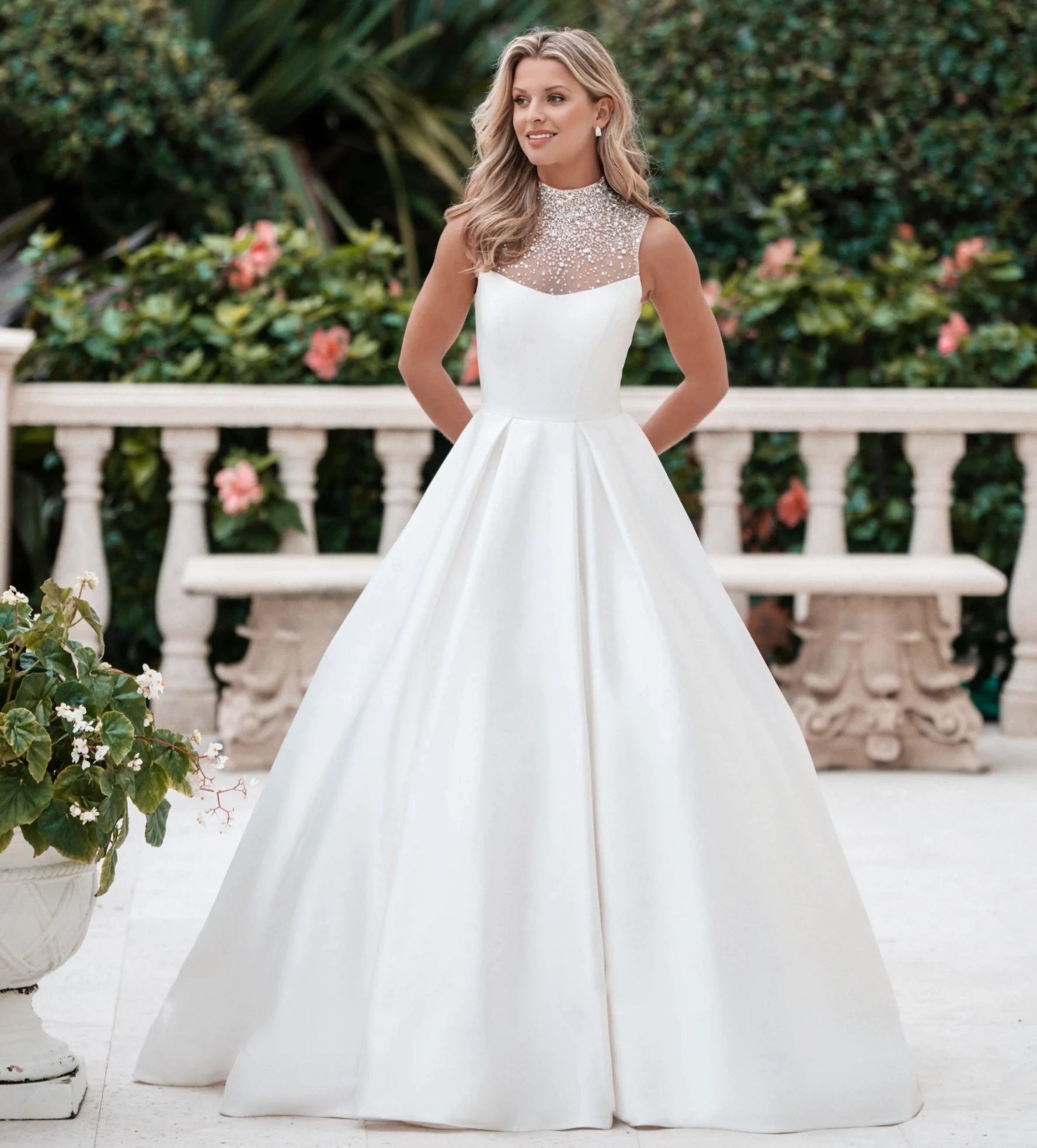Model wearing a white Ballgown Style Dress