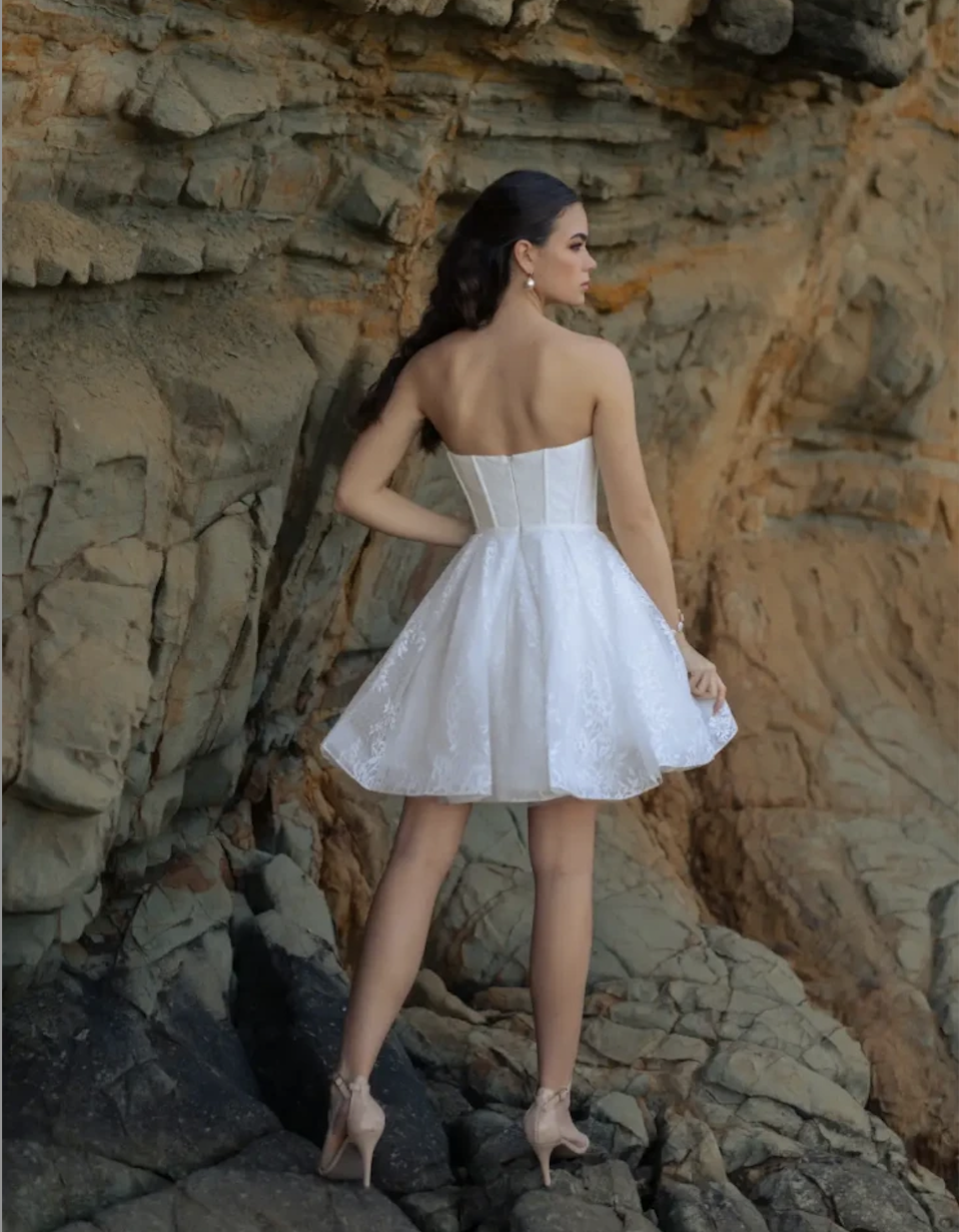 Model is wearing a strapless A-line mini dress with a plunge neckline, layered skirt, and lace floral motifs for a fresh, playful look.